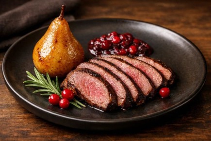 Нежная лопатка косули с грушей и клюквенным соусом