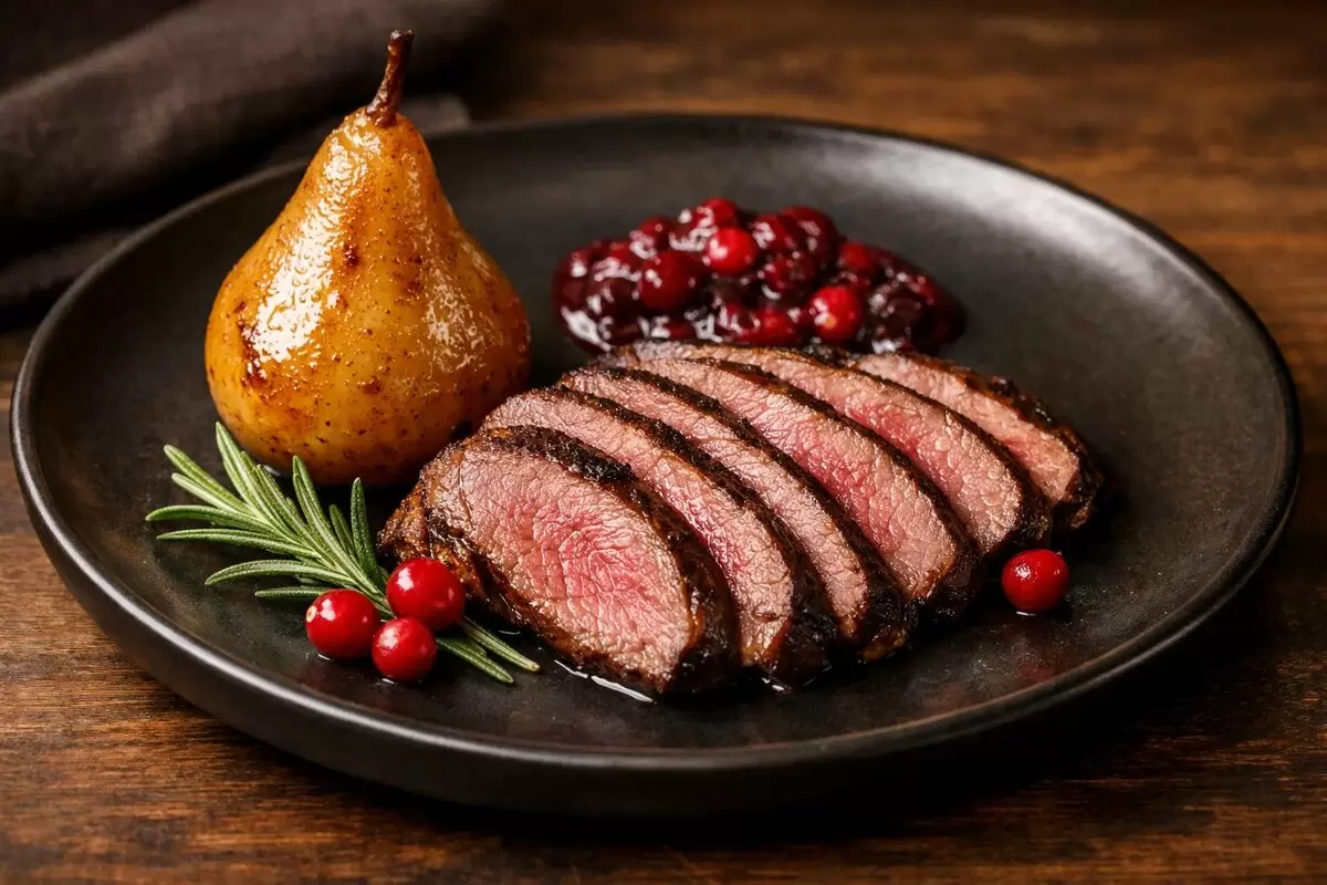 Нежная лопатка косули с грушей и клюквенным соусом