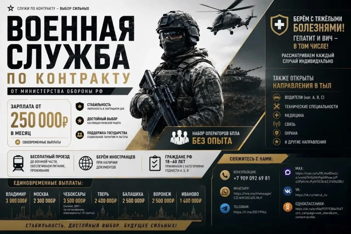 СЛУЖБА ПО КОНТРАКТУ от Министерства Обороны РФ, только для граждан России